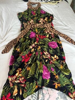 VENUS Black Floral High-Low Dress with Pink and Green Accents